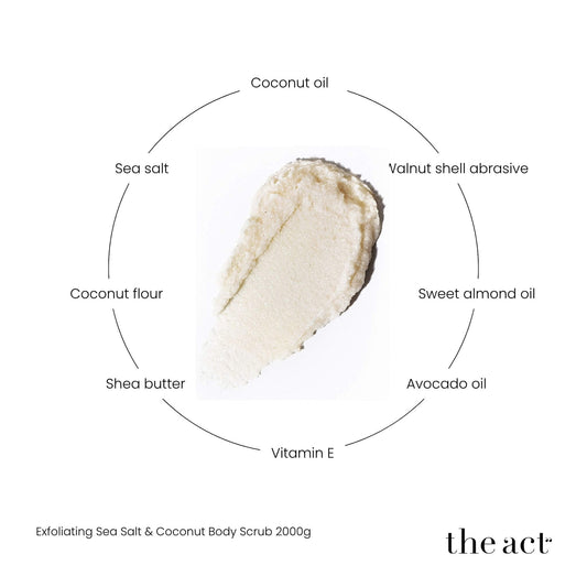 The Act Coconut Scrub 2000g key ingredients — coconut oil, sea salt, shea butter, avocado, almond