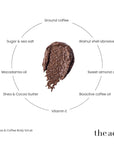 The Act Coffee Body Scrub key ingredients — ground coffee, sugar, sea salt, shea, macadamia, cocoa