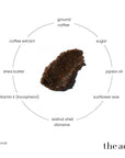 The Act Lip Scrub key ingredients — ground coffee, walnut shell, shea butter, jojoba, vitamin E
