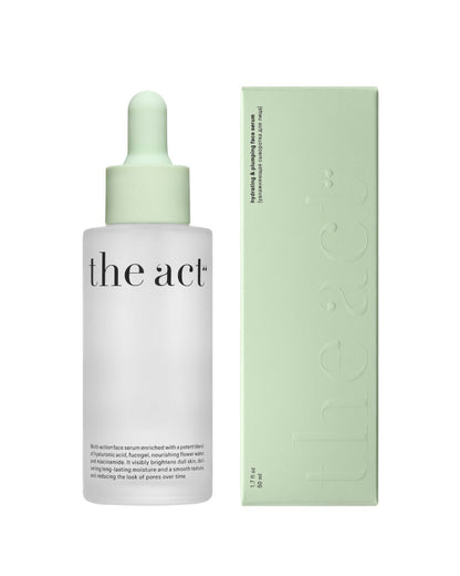 Hydrating and plumping face serum in glass bottle with dropper and box