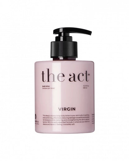 A pump dispenser jar of the ACT vegan pink body lotion with all natural oils