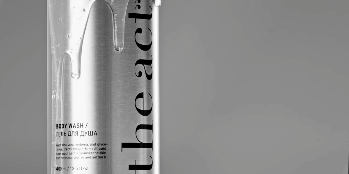 The Act Body Wash aluminium bottle with product dripping running down the side, hotel guesthouse amenity banner