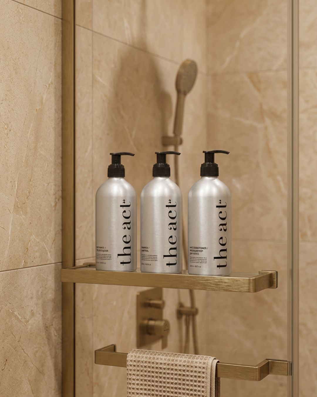 The Act body wash, shampoo, and conditioner aluminium bottles on a brass shelf in a hotel shower