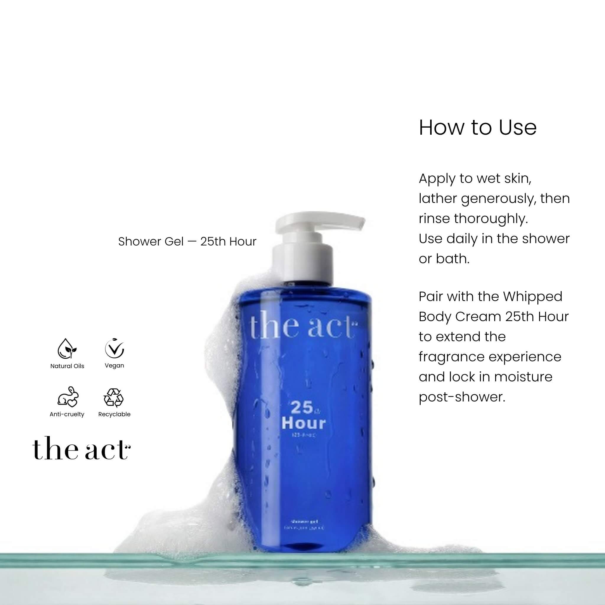 How to use The Act 25th Hour Shower Gel — apply to wet skin, lather and rinse daily
