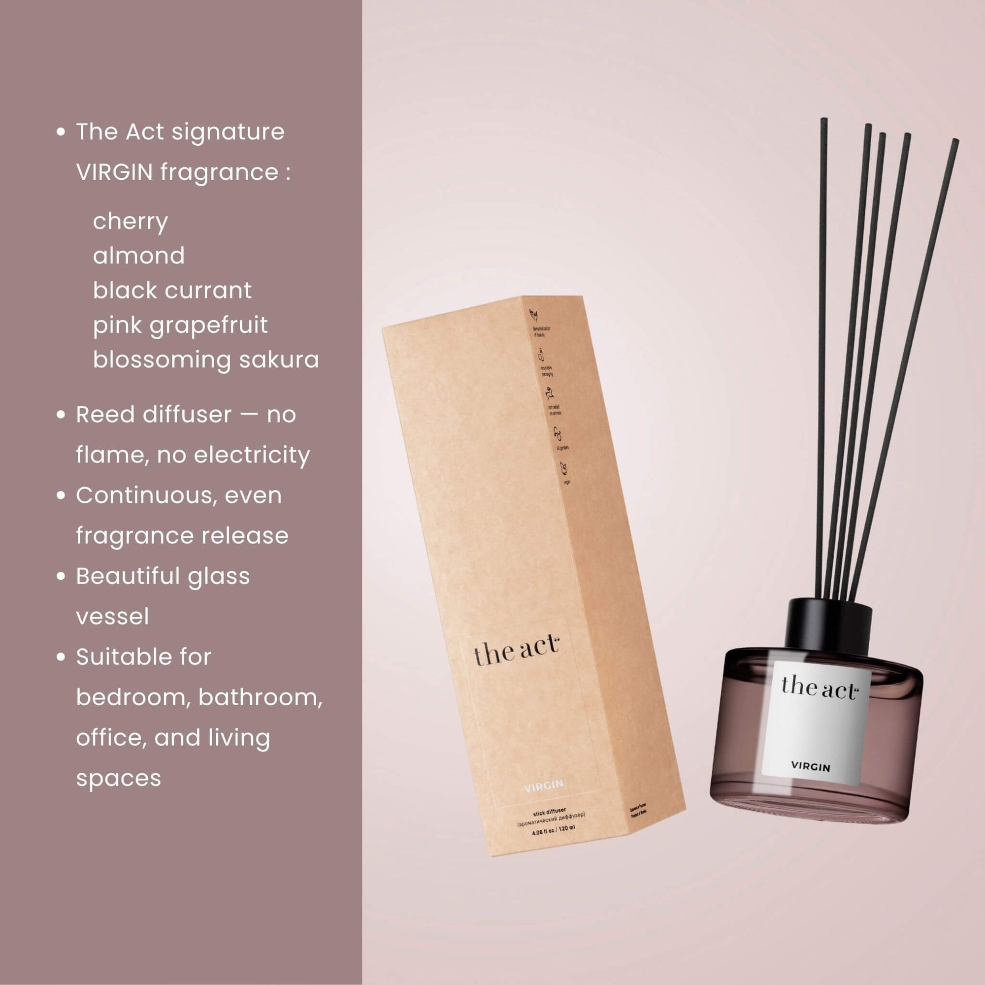 The Act Aromatic Diffuser VIRGIN benefits — continuous flame-free fragrance for home spaces