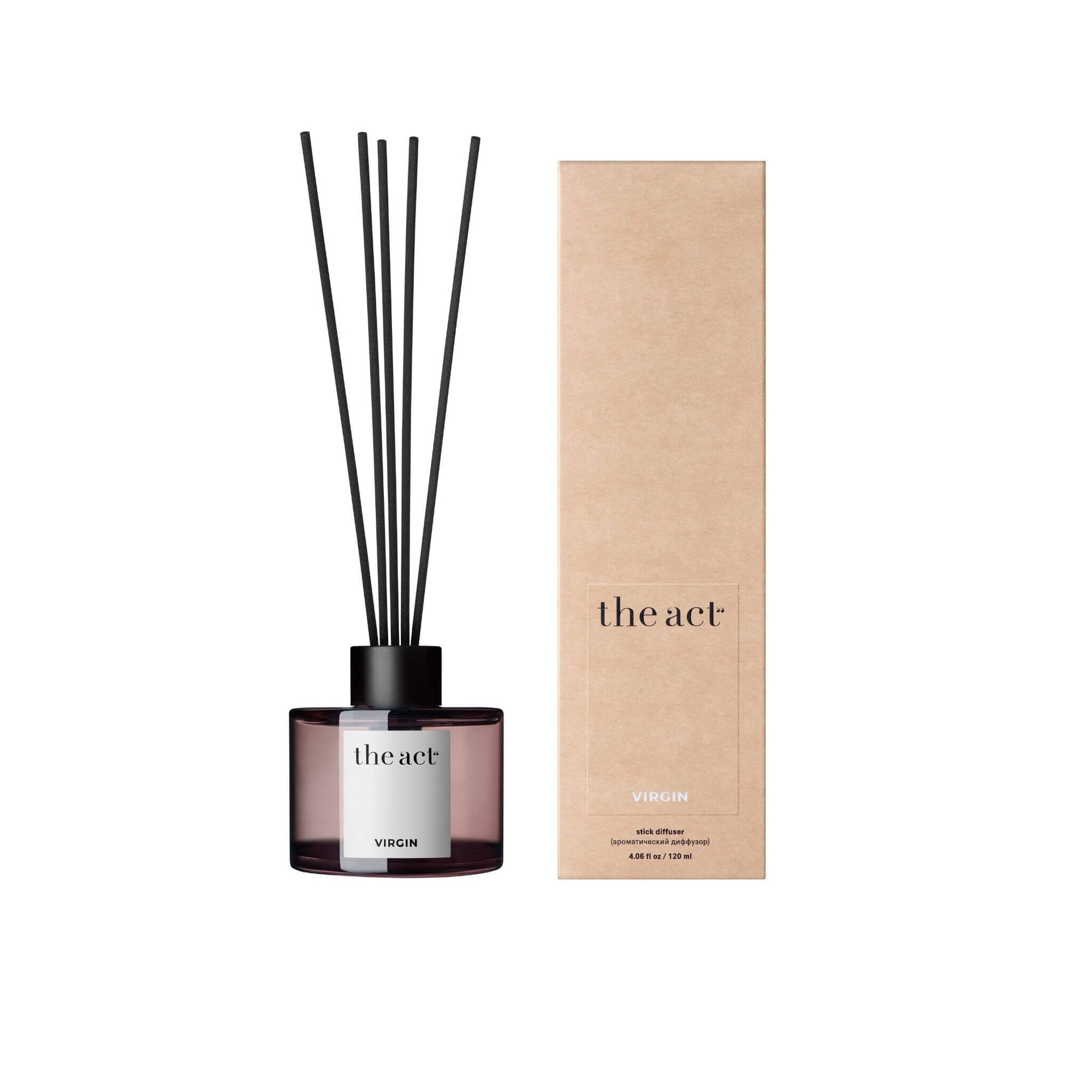 The Act Aromatic Diffuser VIRGIN in glass vessel — reed diffuser in cherry blossom, cherry, almond, currant, and pink grapefruit
