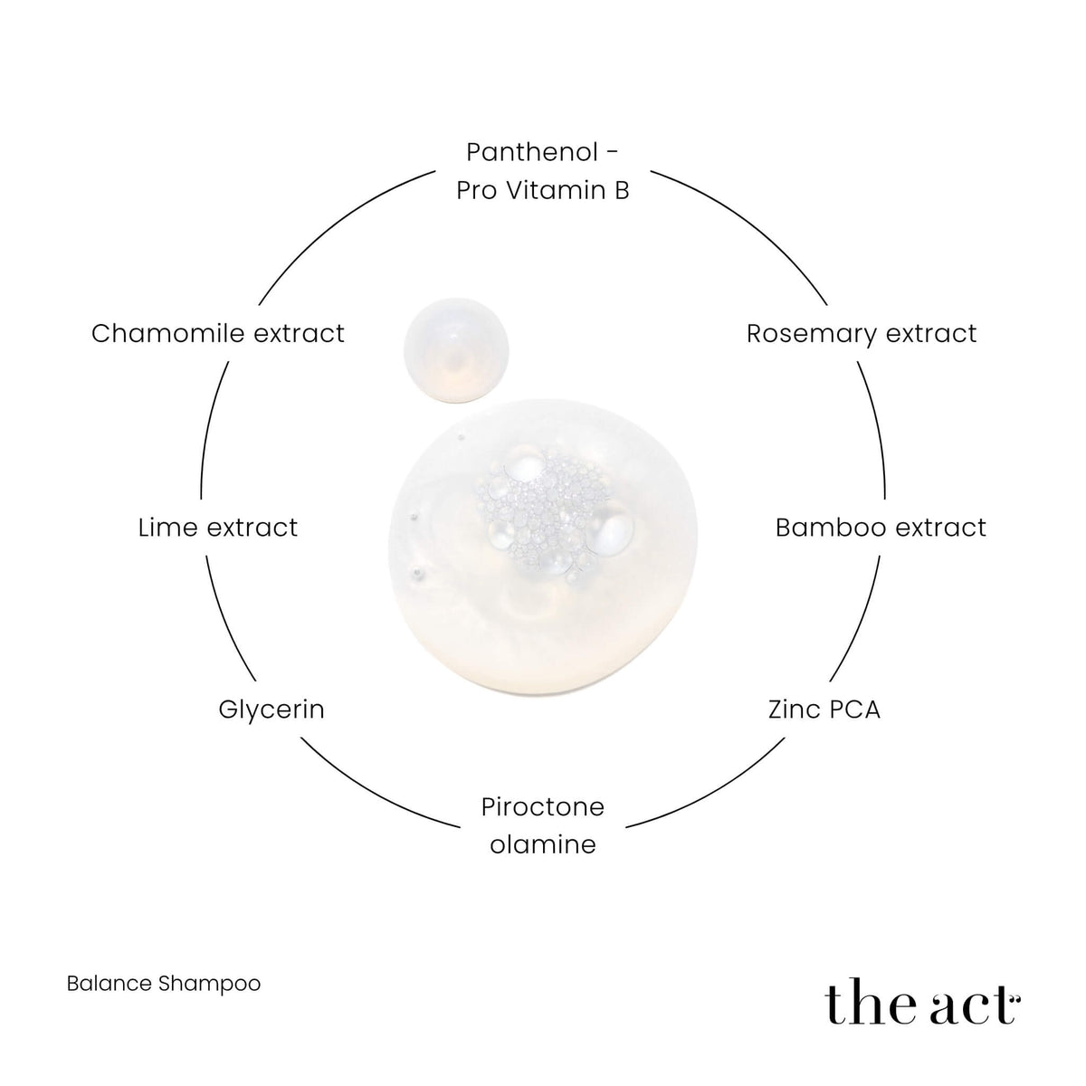 The Act Balance Shampoo key ingredients zinc PCA, panthenol, lime, bamboo extract
