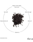 The Act Balancing Scrub key ingredients — black cumin seed oil, sea salt, macadamia oil, aloe vera
