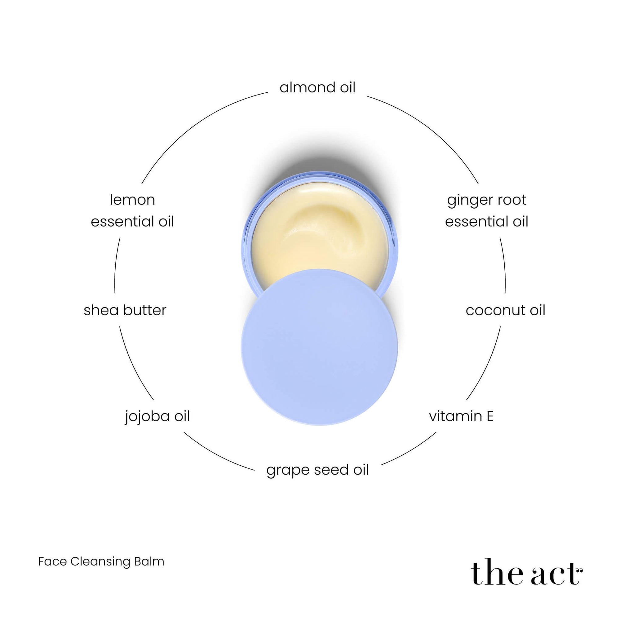 The Act Face Cleansing Balm key ingredients — shea butter, almond, jojoba, coconut, grape seed oil