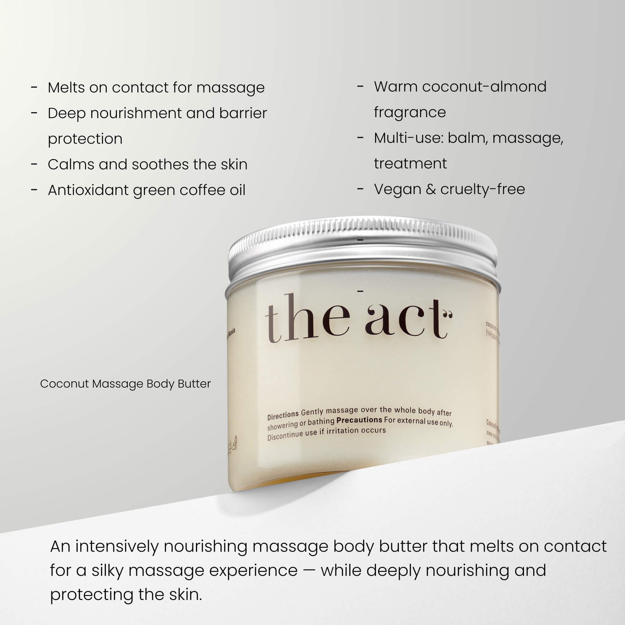 The Act Coconut Massage Body Butter benefits — melts on skin for silky massage and deep nourishment