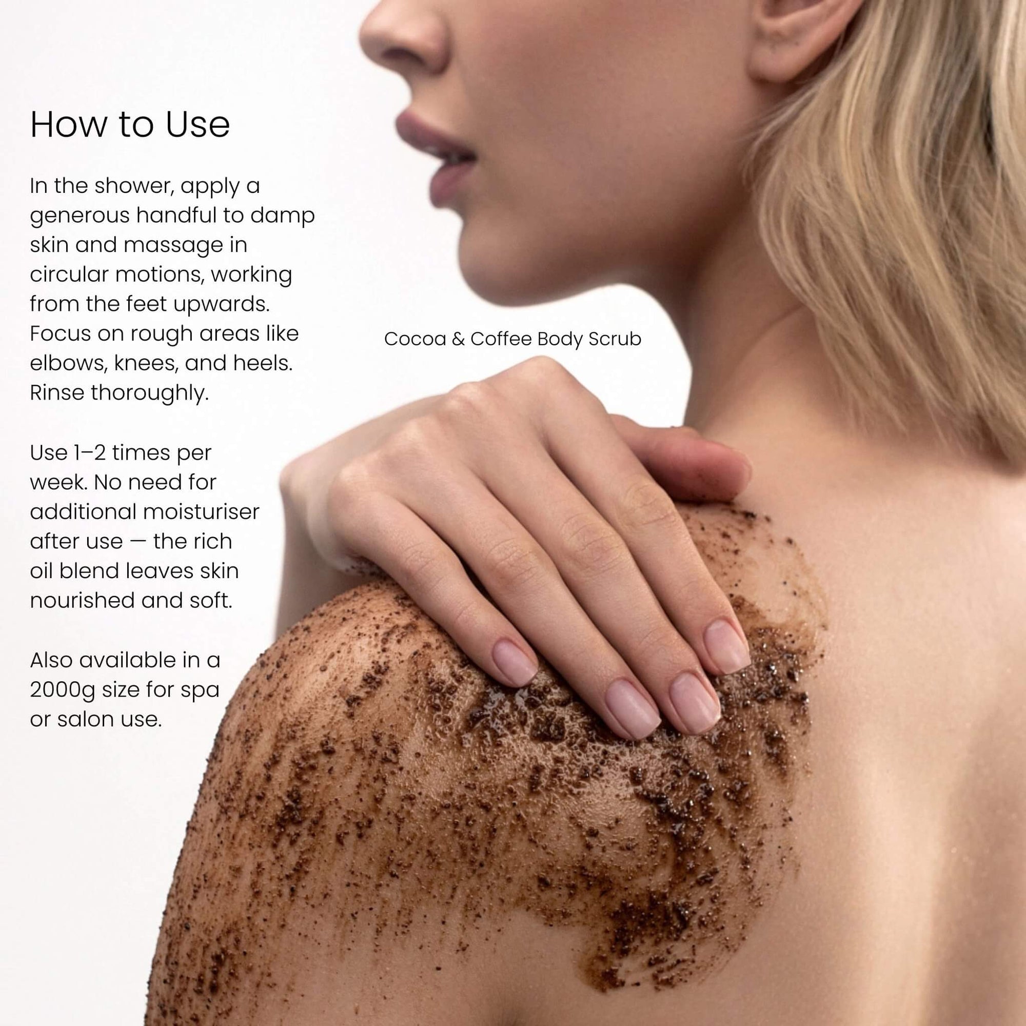 How to use The Act Coffee Body Scrub — apply to wet skin, massage and rinse 1-2 times weekly