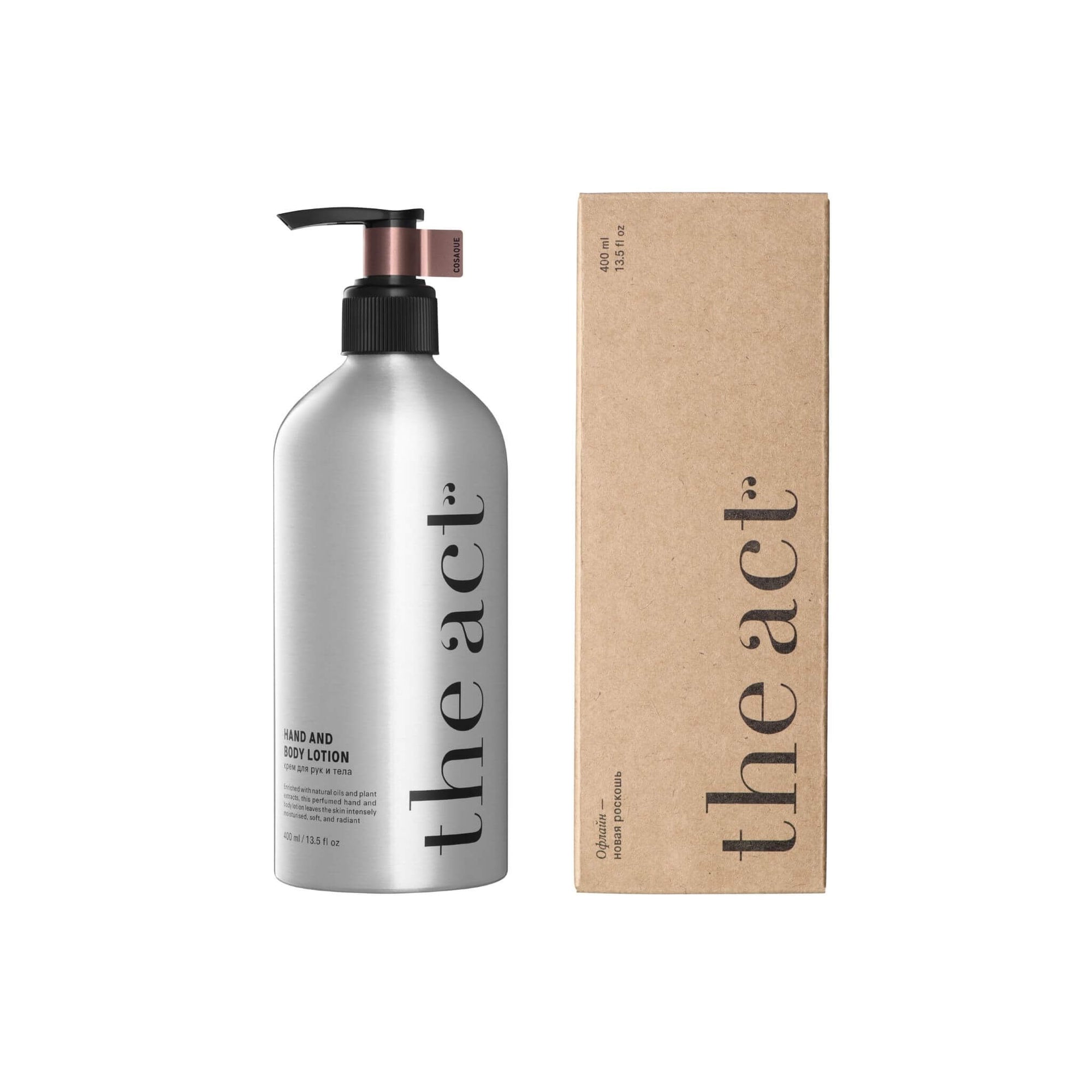 The Act COSAQUE Hand and Body Lotion Aluminium 400ml professional pump bottle nourishing lotion