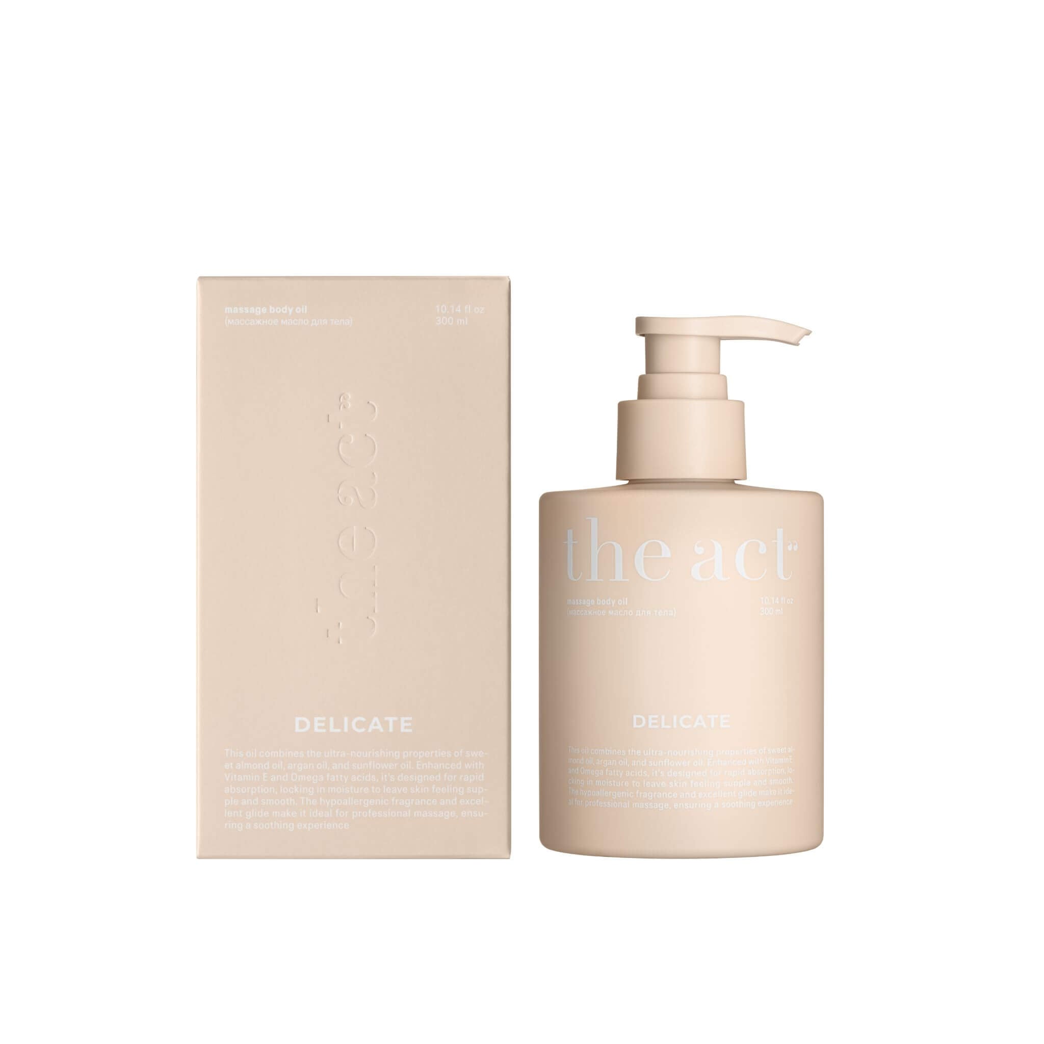 The Act Massage Body Oil Delicate 300ml with box — seven-oil hypoallergenic massage oil with argan and avocado