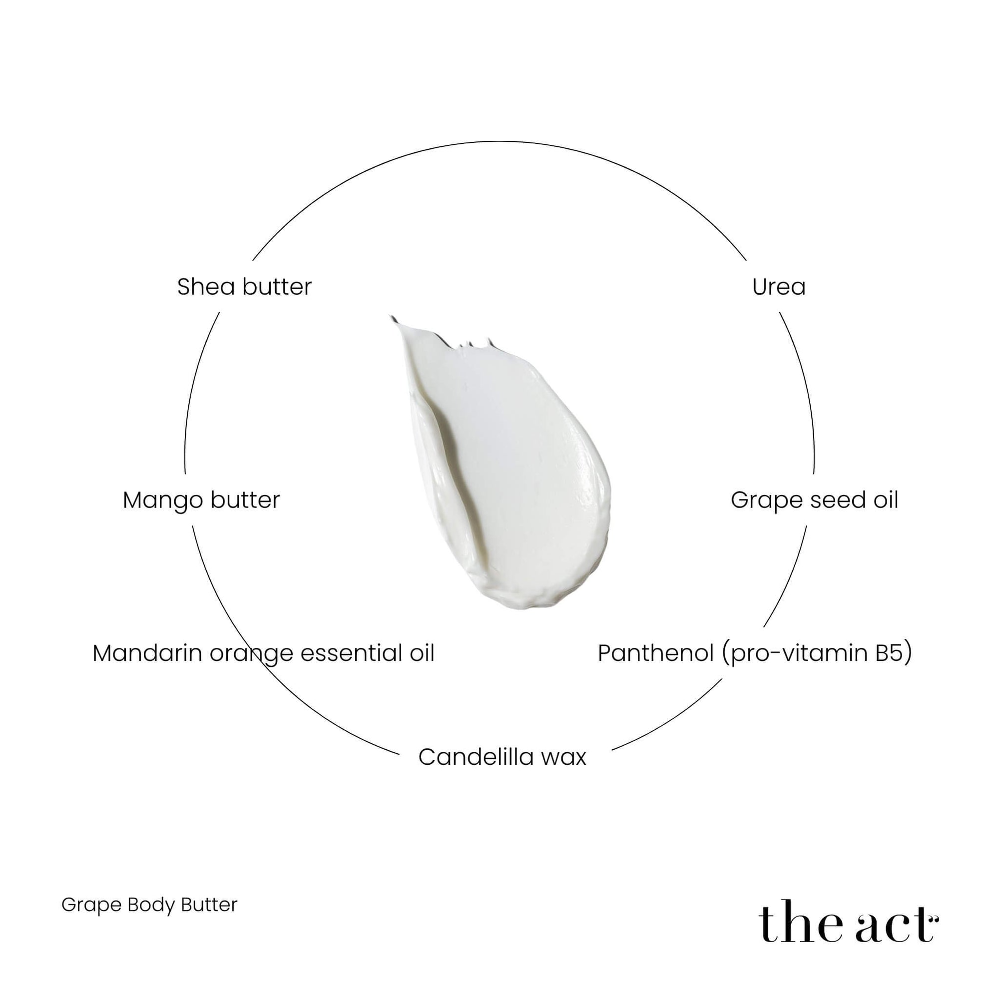 The Act Grape Body Butter key ingredients — shea butter, grape seed oil, mango butter, urea, panthenol