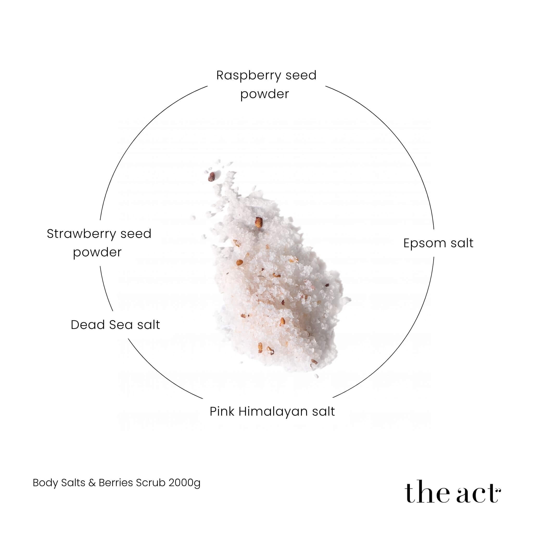 The Act Banya Scrub 2000g key ingredients — Himalayan salt, Dead Sea salt, Epsom salt, raspberry, strawberry