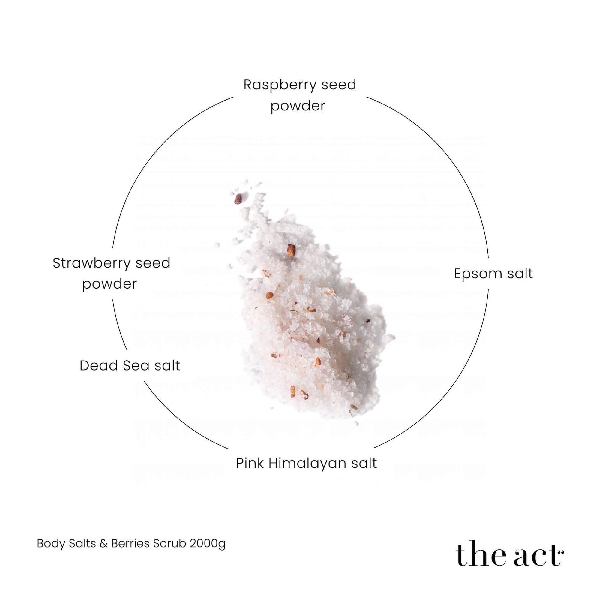 The Act Banya Scrub 2000g key ingredients — Himalayan salt, Dead Sea salt, Epsom salt, raspberry, strawberry