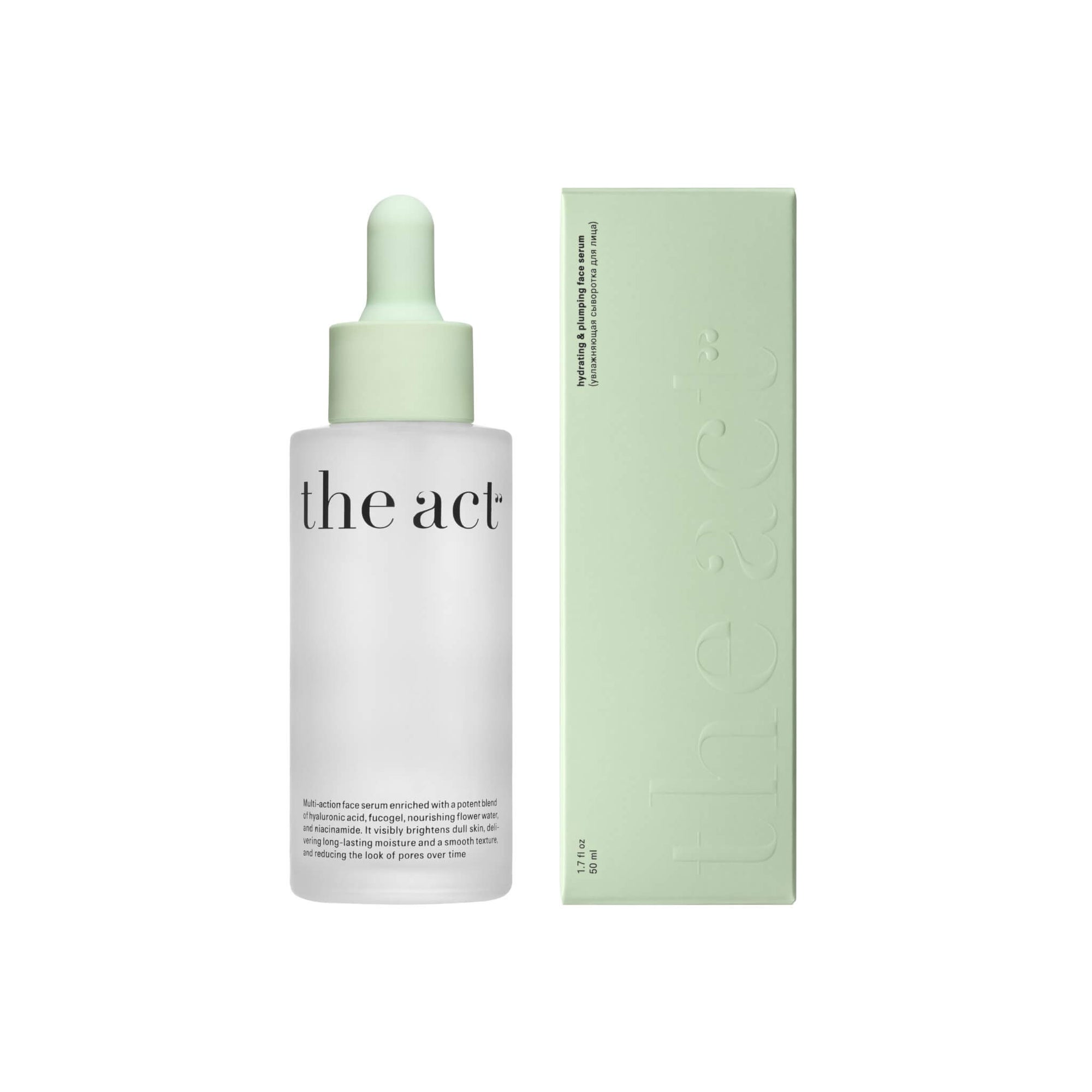 The Act Hydrating & Plumping Face Serum 50ml with box — hyaluronic acid and niacinamide face serum