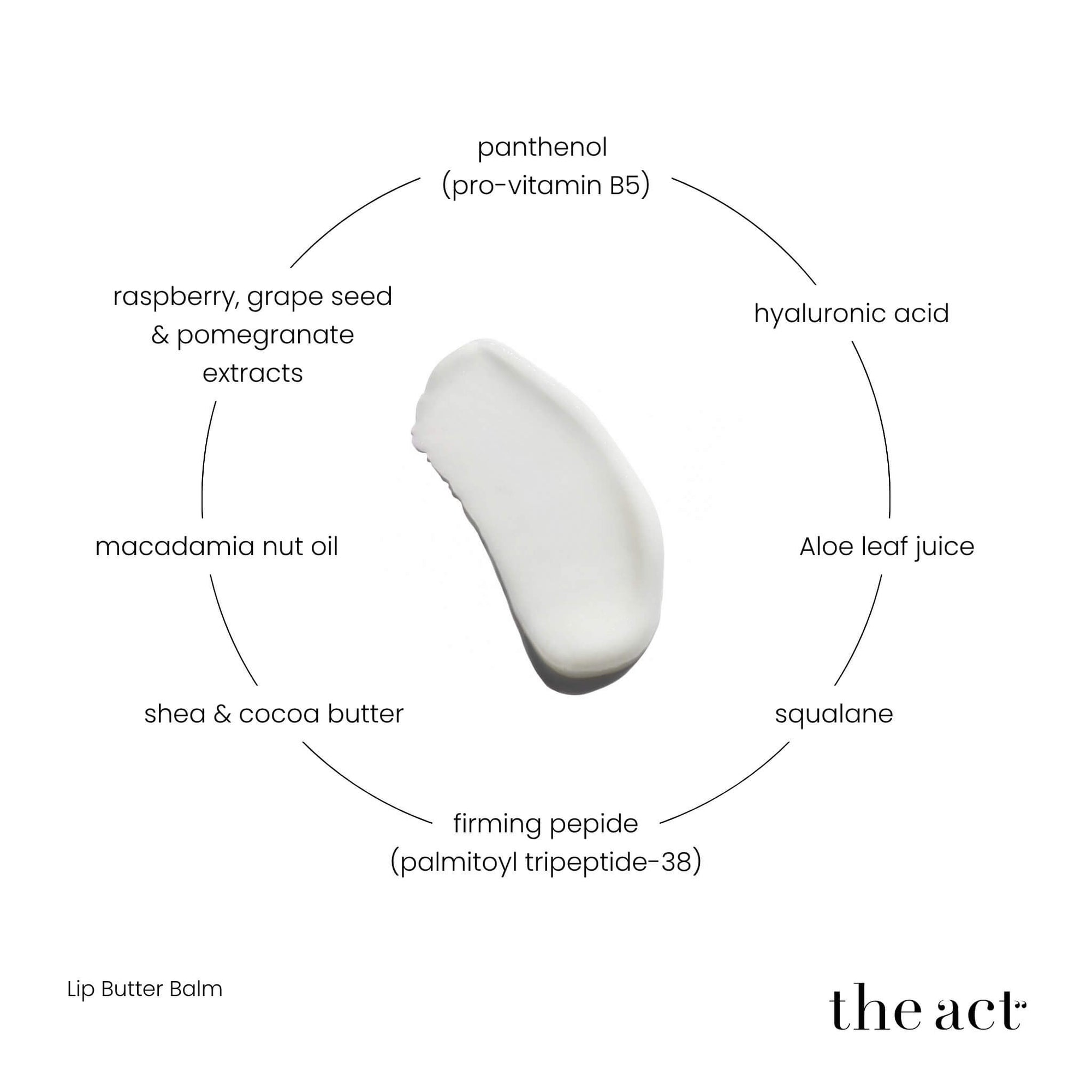 The Act Lip Butter Balm key ingredients — hyaluronic acid, panthenol, peptide, squalane, macadamia butter