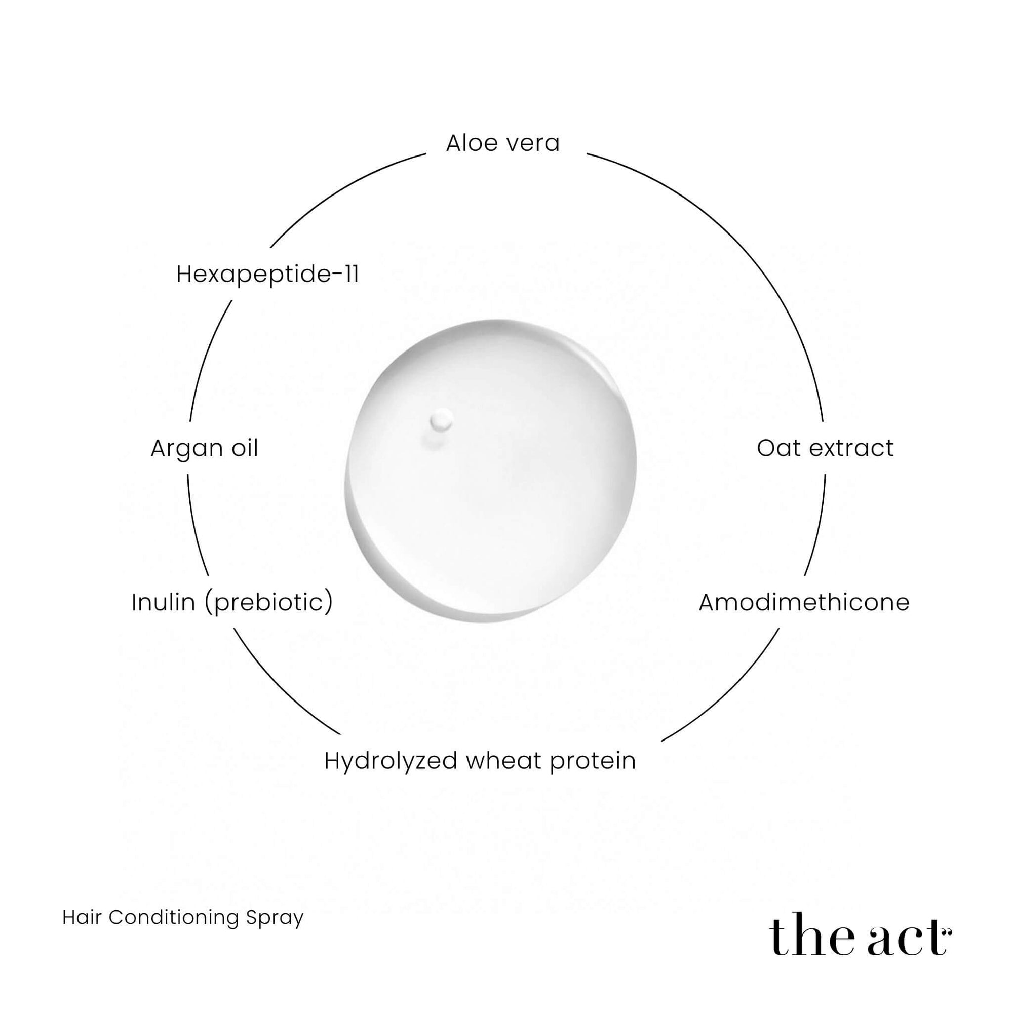 The Act Kids Hair Spray key ingredients — hydrolyzed wheat protein, argan oil, aloe vera, oat extract, hexapeptide-11, inulin