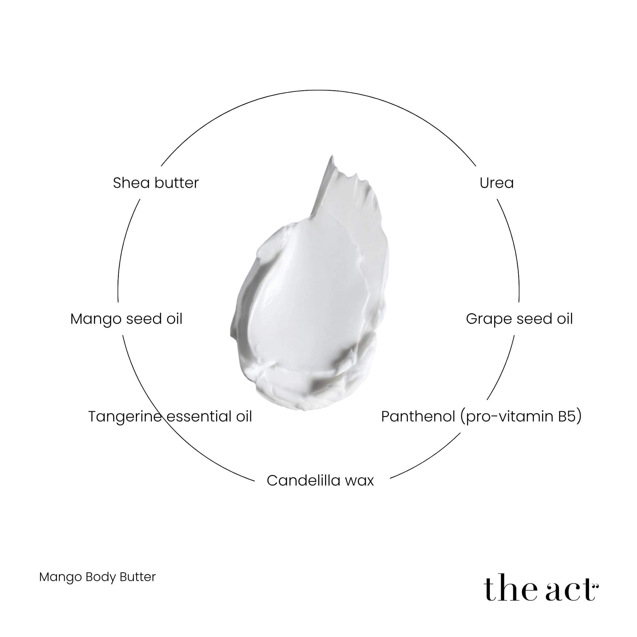 The Act Mango Body Butter key ingredients — shea butter, mango seed oil, grape seed oil, urea, panthenol