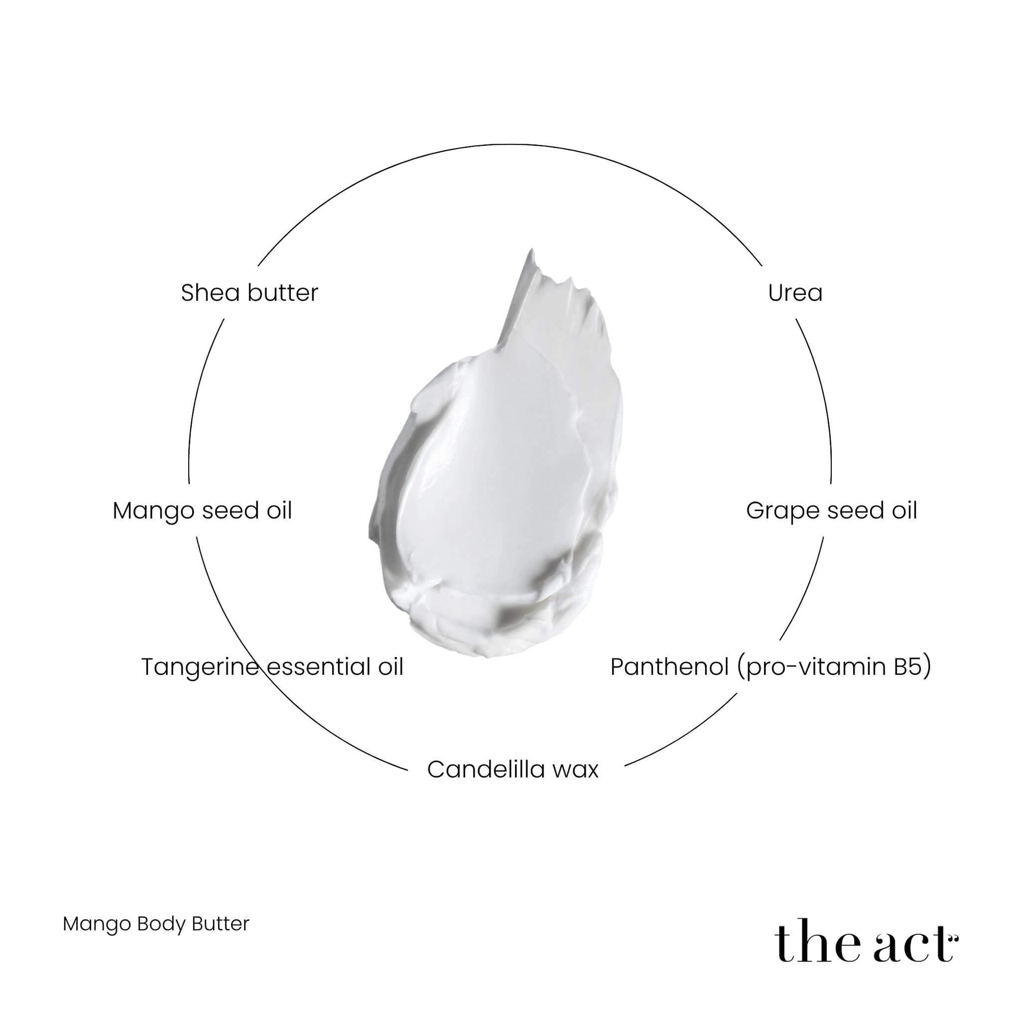 The Act Mango Body Butter key ingredients — shea butter, mango seed oil, grape seed oil, urea, panthenol
