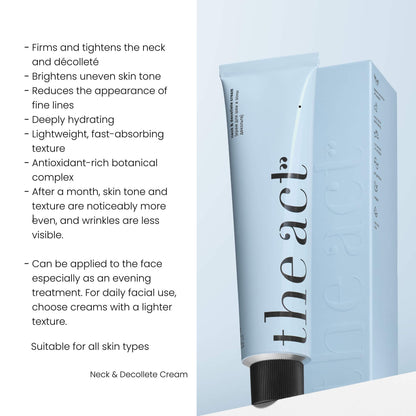 The Act Neck & Décolleté Cream benefits — firms, brightens and hydrates neck and chest