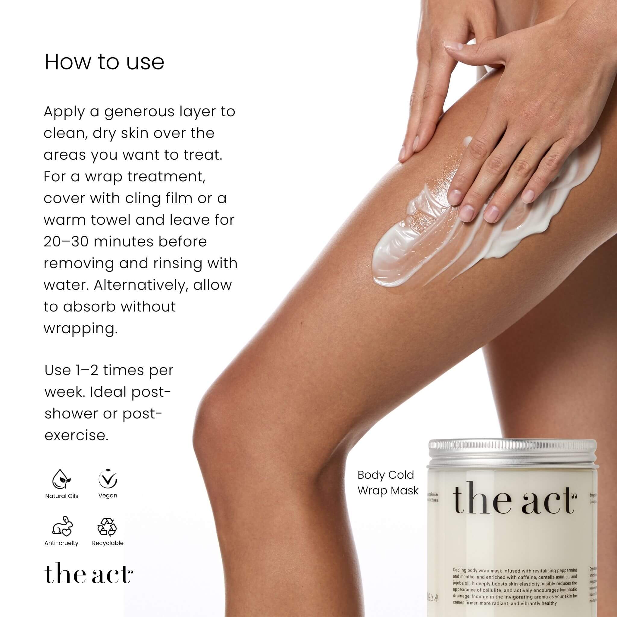 How to use The Act Body Wrap Mask — apply to skin, wrap or leave 20-30 minutes and remove