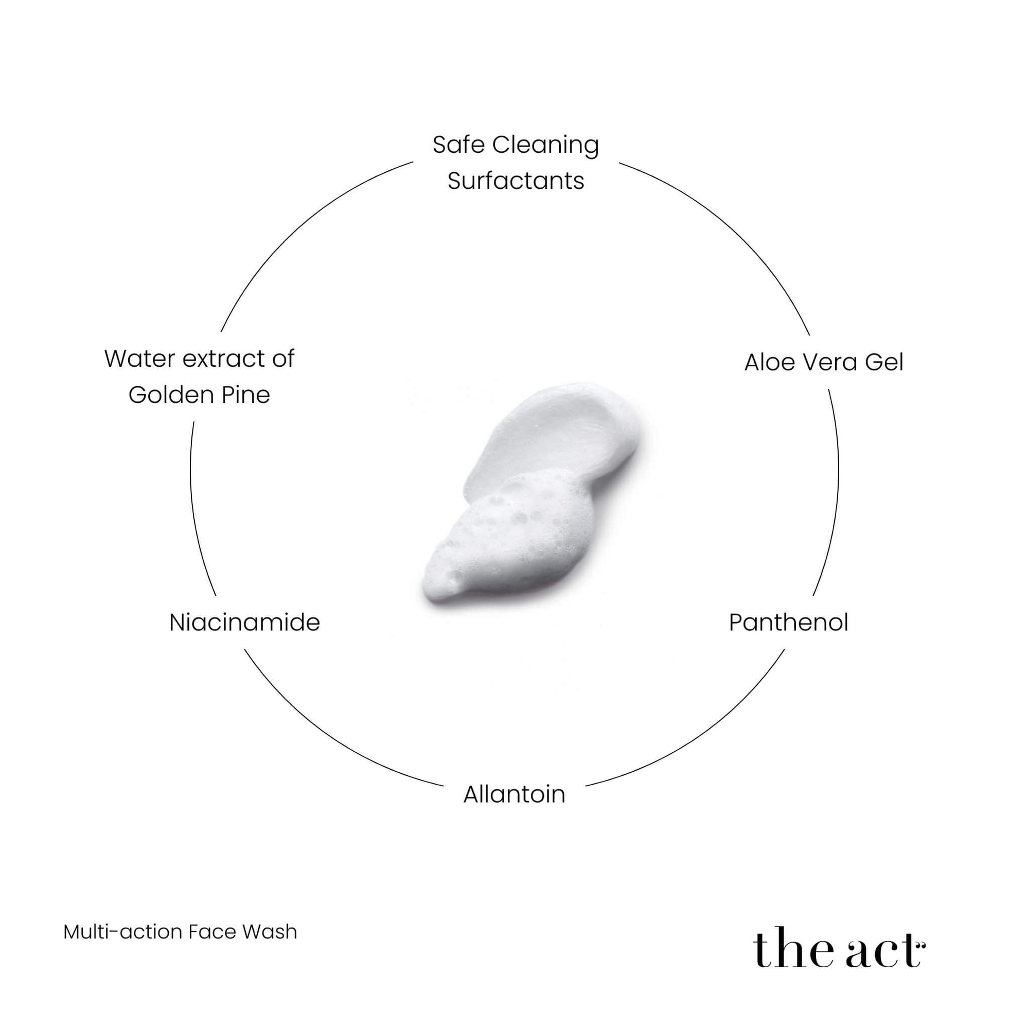 The Act Multi Action Face Wash key ingredients — niacinamide, panthenol, aloe vera, golden pine