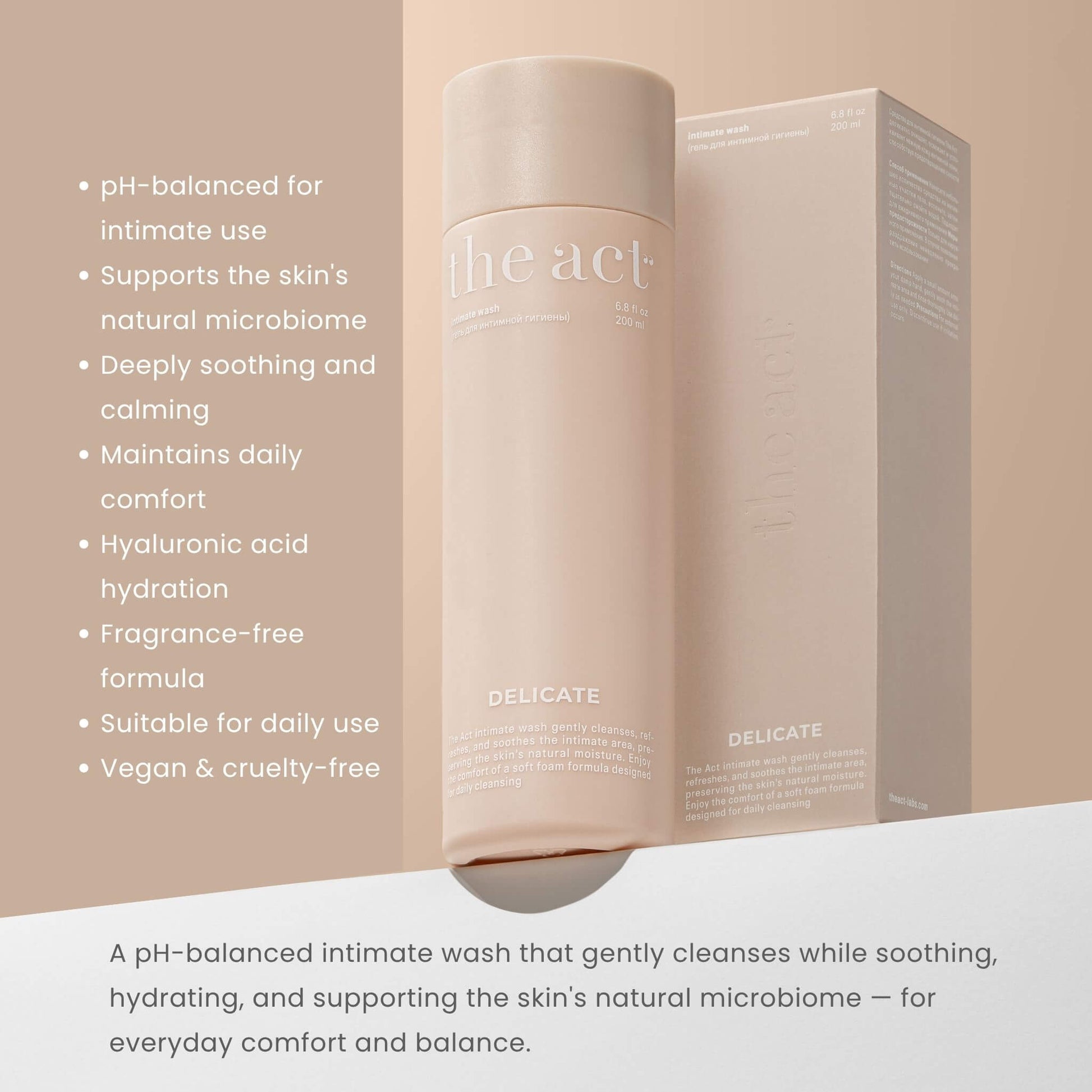 The Act Intimate Wash Delicate benefits — cleanses, soothes and supports the skin's natural microbiome daily