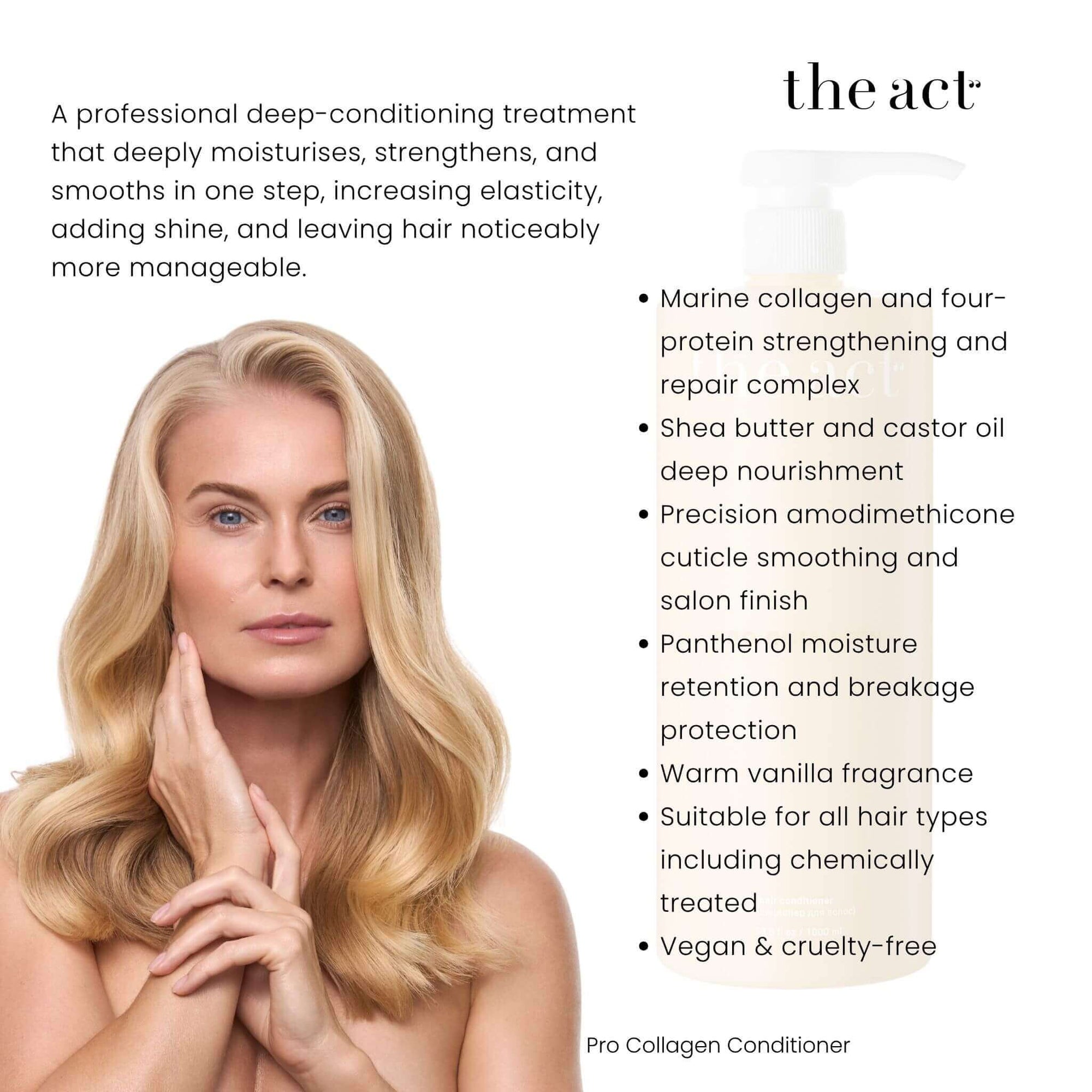 The Act Pro Collagen Conditioner benefits strengthens, smooths and deeply nourishes hair