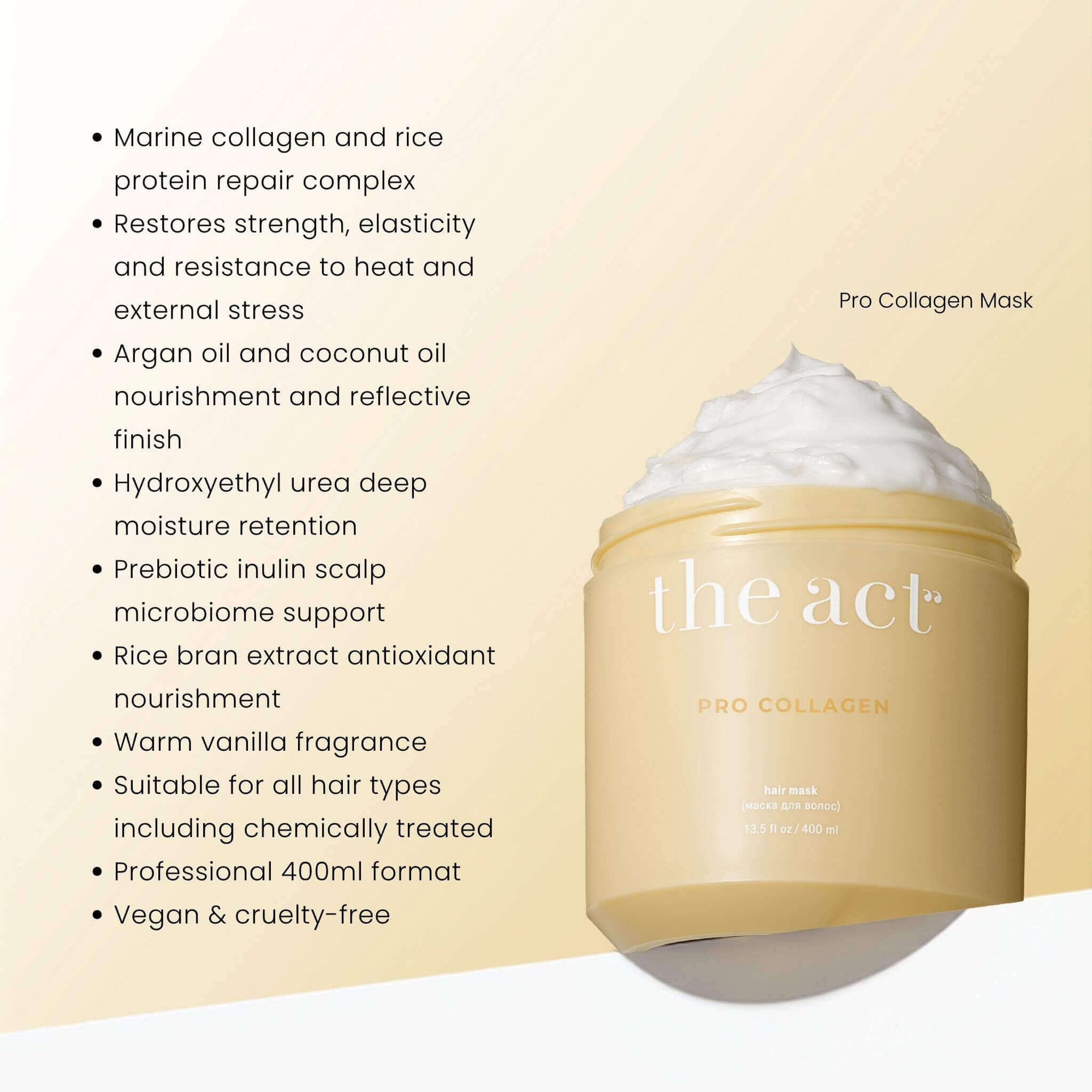 The Act Pro Collagen Hair Mask 400ml benefits including marine collagen, rice protein, argan oil and prebiotic inulin