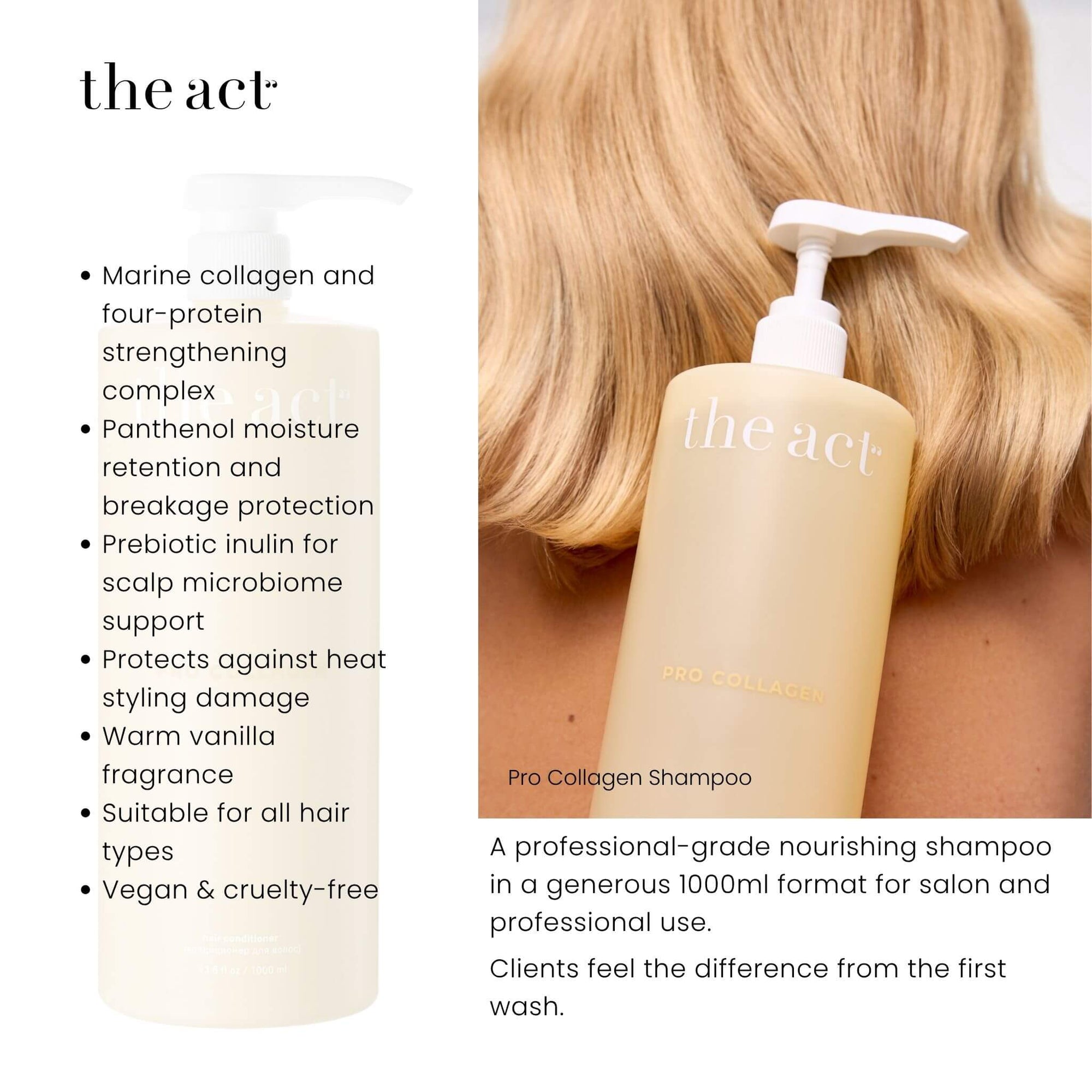 The Act Pro Collagen Shampoo benefits strengthens, smooths and nourishes hair from root to tip