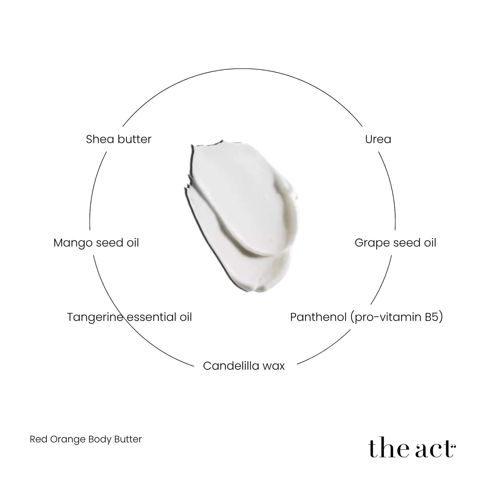 The Act Red Orange Body Butter key ingredients — shea butter, mango butter, grape seed oil, urea, orange oil