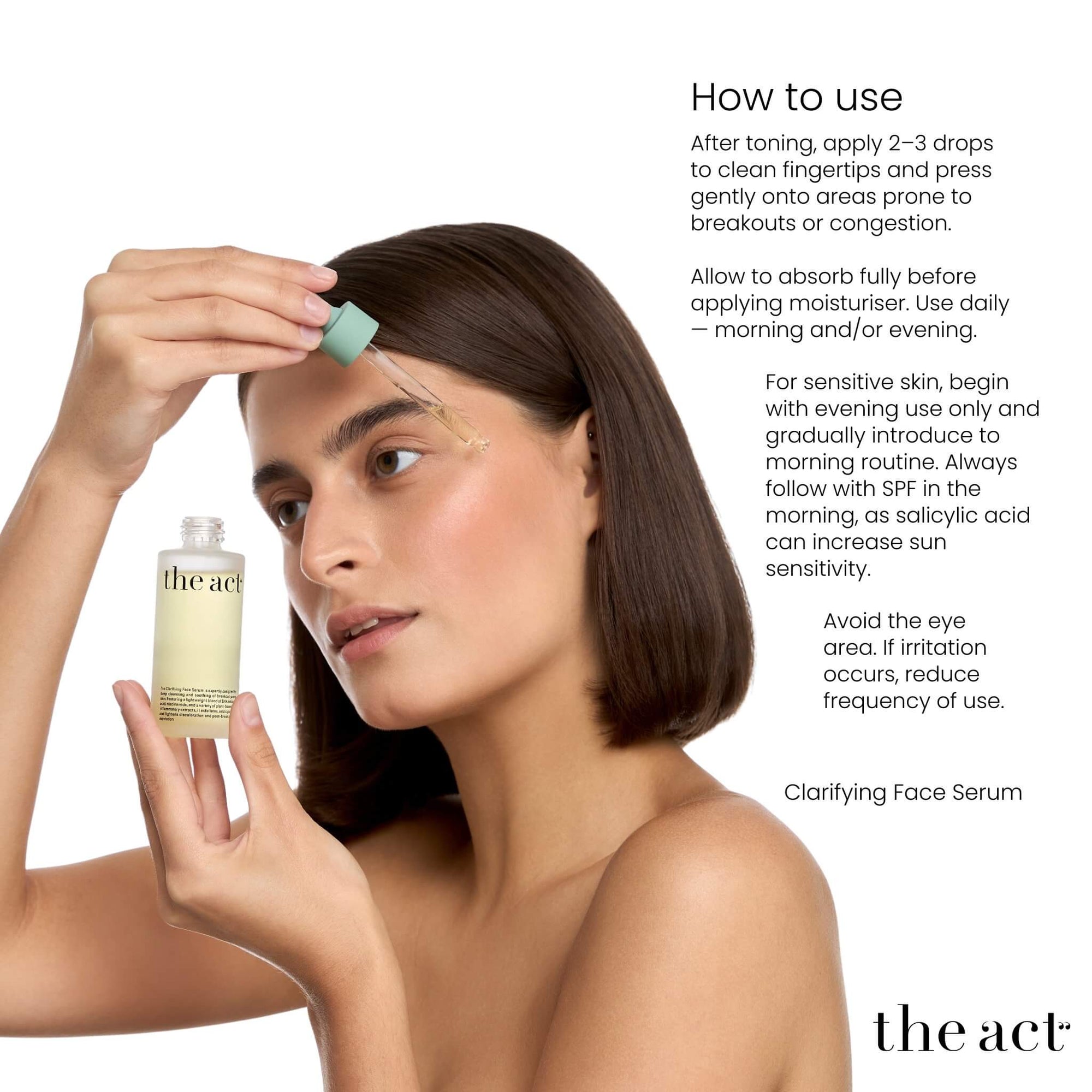 How to use The Act Clarifying Face Serum — apply to breakout-prone areas after toning