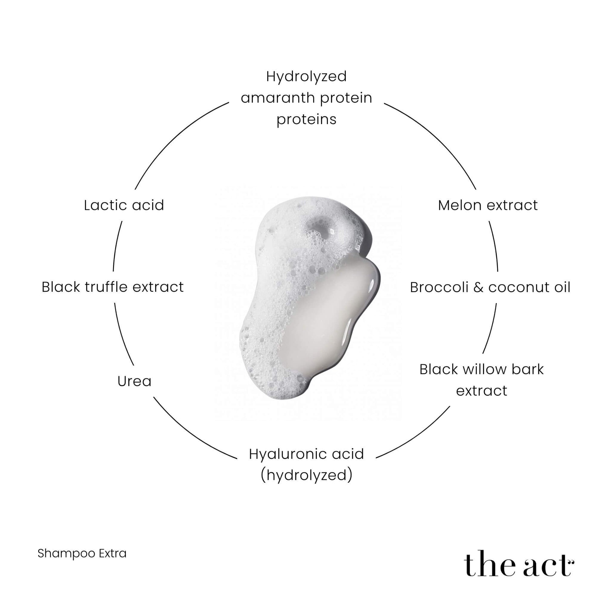 The Act Extra Shampoo key ingredients — amaranth protein, hyaluronic acid, urea, lactic acid, black truffle