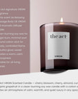 The Act Scented Candle VIRGIN benefits — clean-burning soy wax, cotton wick, creates calm and warm atmosphere