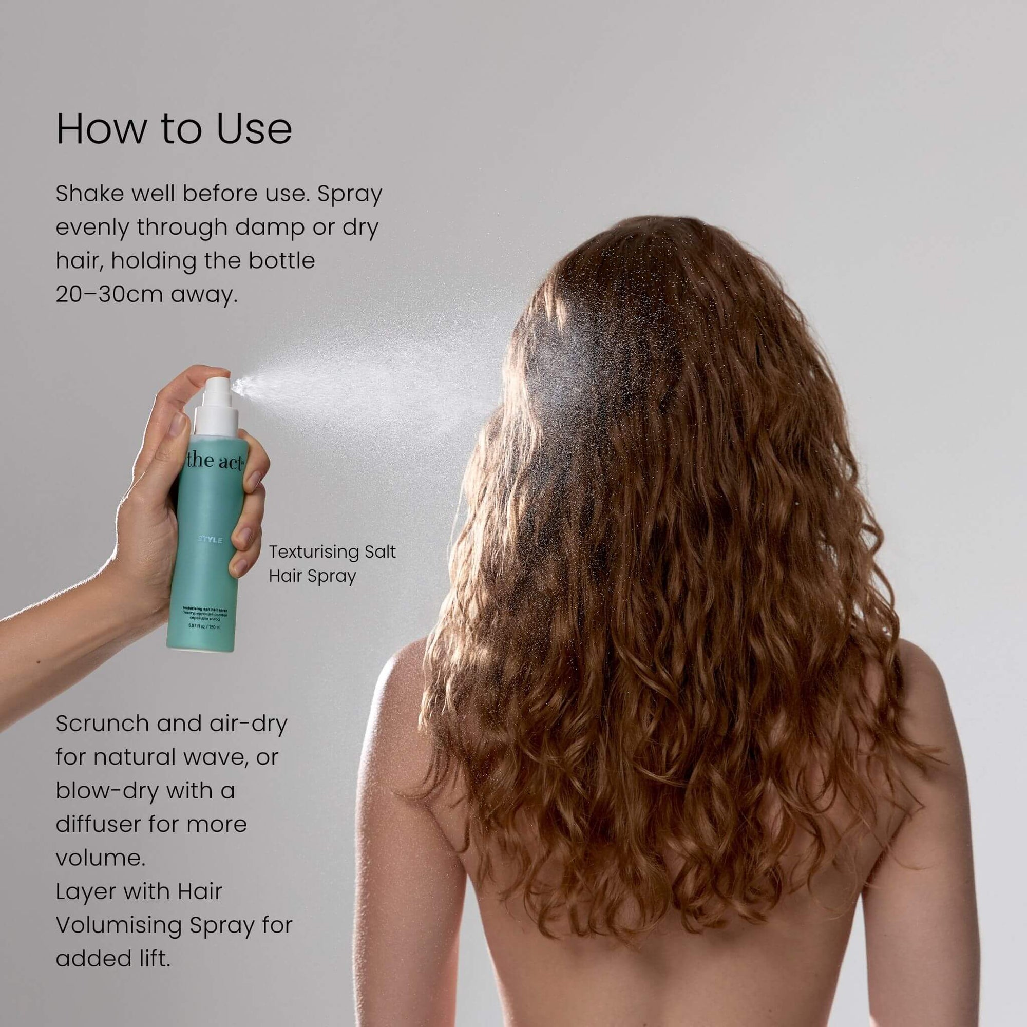 How to use The Act Texturizing Salt Spray — spray onto damp or dry hair, scrunch and air dry