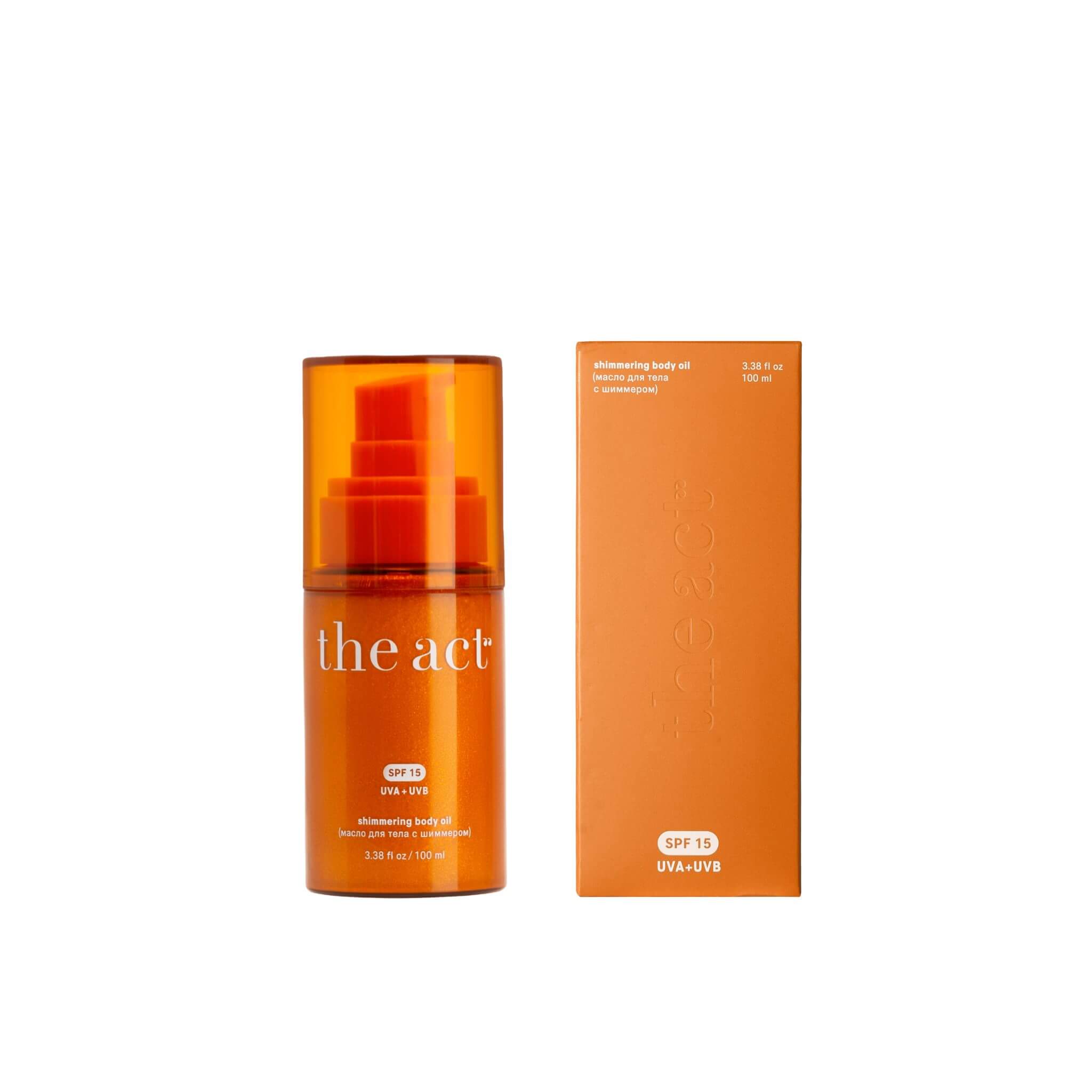 The Act Shimmering Body Oil SPF 15 120ml — luminous shimmer body oil with sun protection