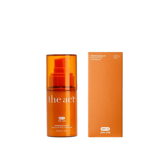 The Act Shimmering Body Oil SPF 15 120ml — luminous shimmer body oil with sun protection