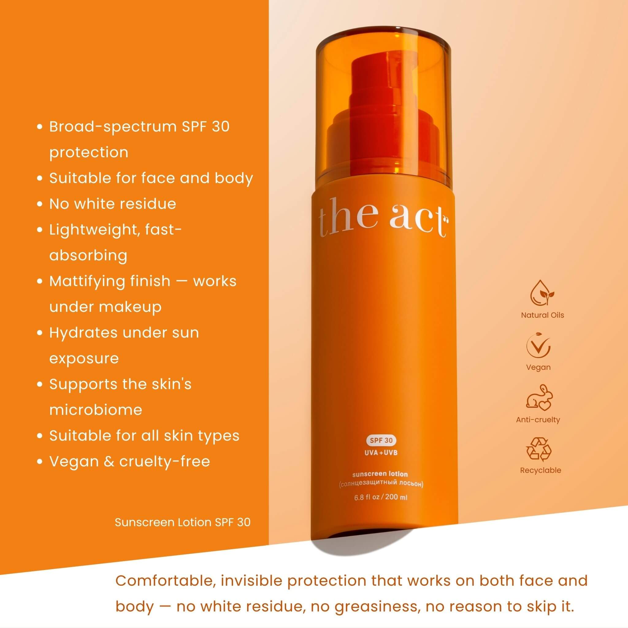 The Act SPF 30 Lotion benefits — broad spectrum protection for face and body, no white cast