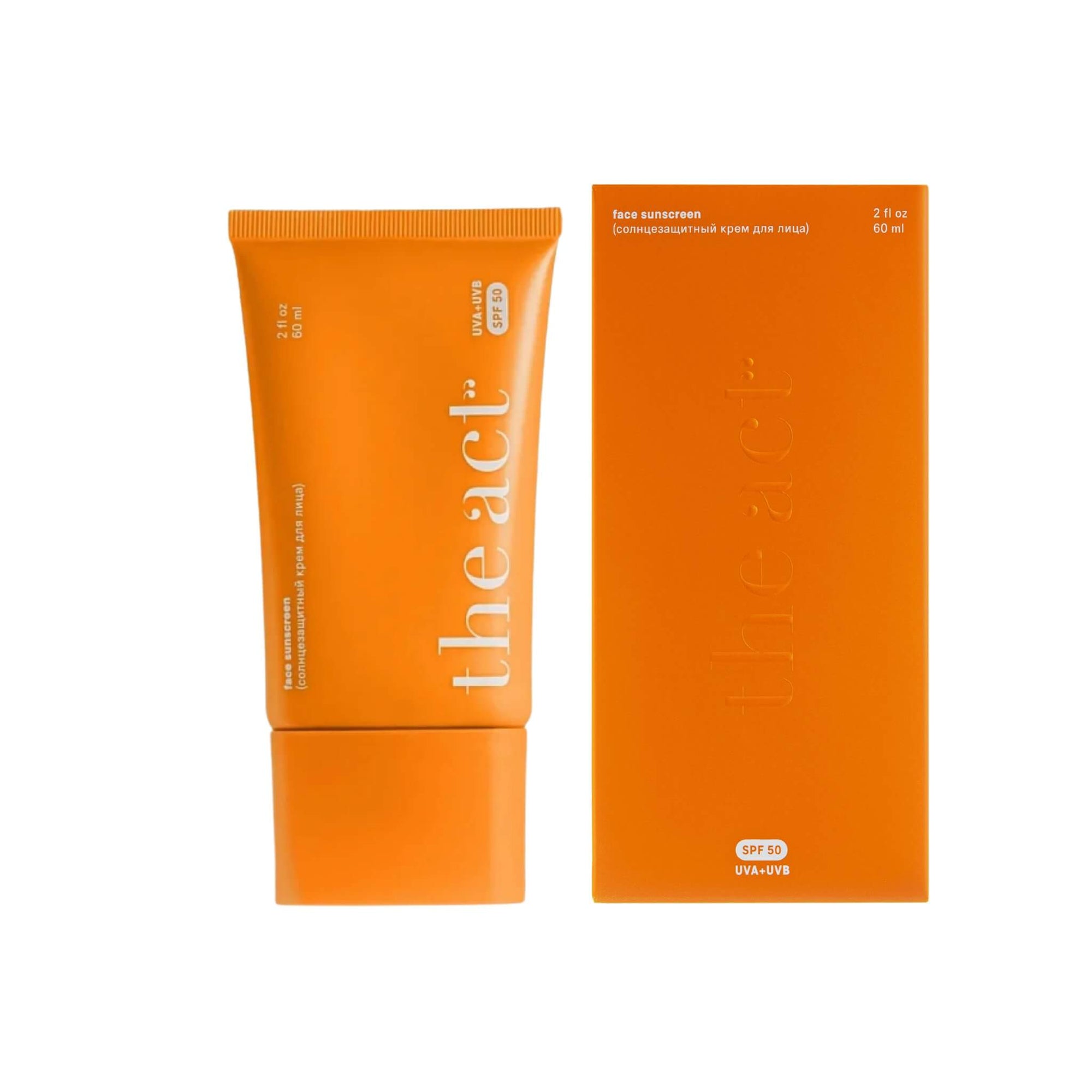 The Act Face Sunscreen SPF 50 60ml with box — broad spectrum lightweight SPF no white cast