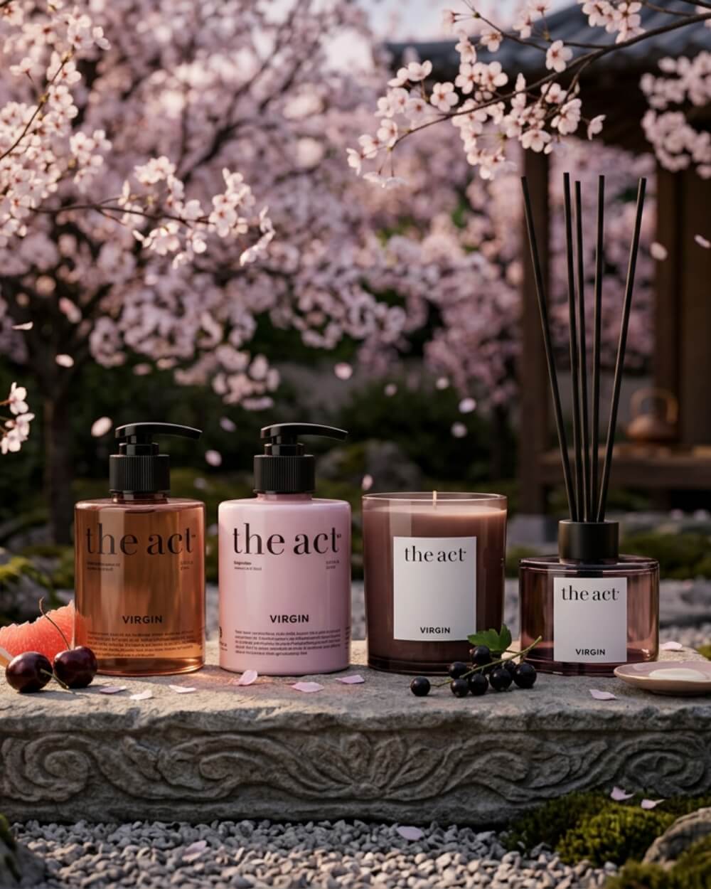 The Act Virgin scented candle, reed diffuser, body lotion, and massage oil in a Japanese garden setting, cherry blossom signature scent